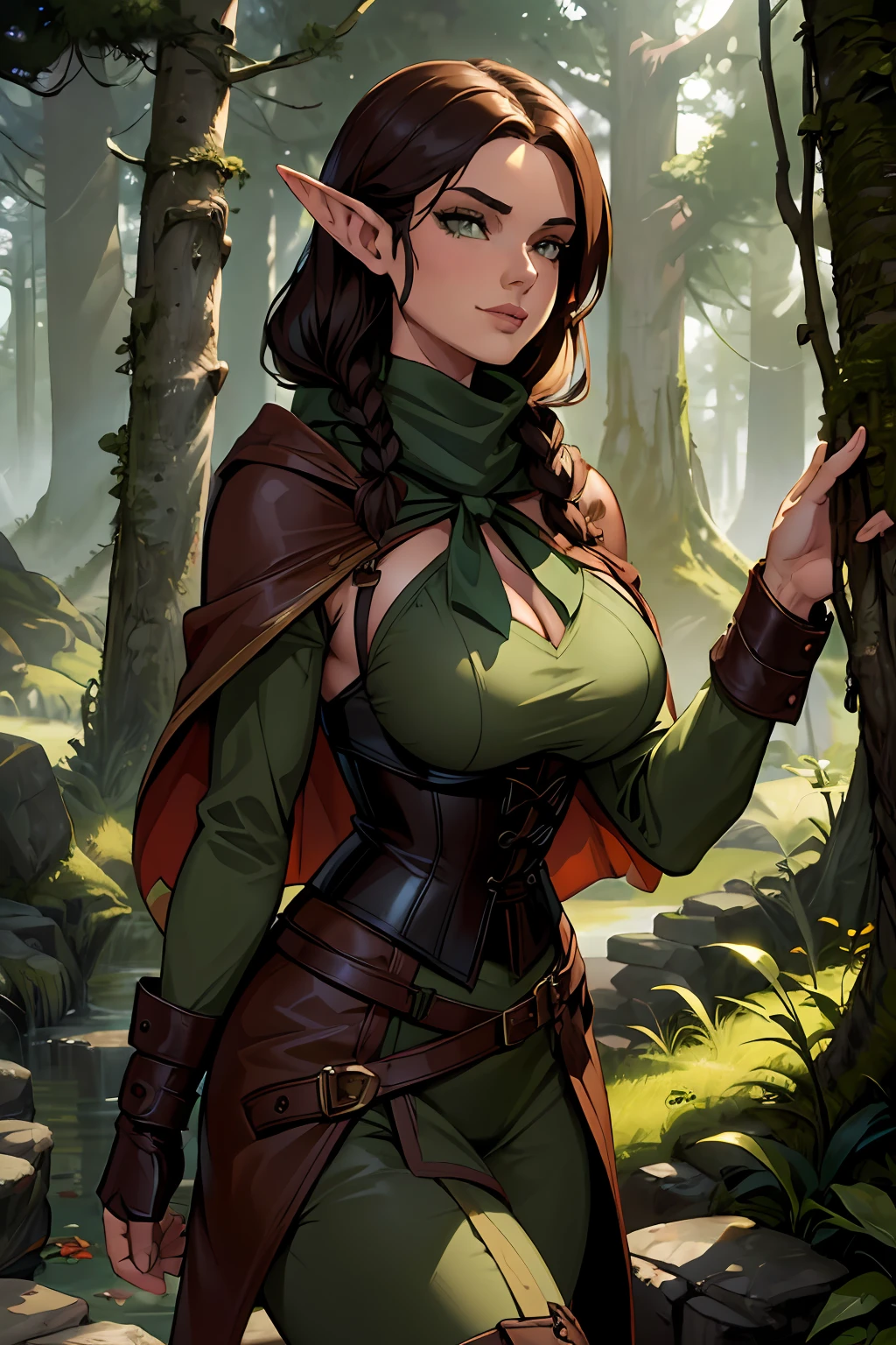 (masterpiece, top quality, best quality, official art, beautiful and aesthetic:1.2), (1girl:1.3), dark brown hair in a single braid, extremely detailed, portrait, looking at viewer, solo, (full body:0.6), detailed background, close up, cat eyes, (warm summer forest theme:1.1), elf ranger, charlatan, smirk, mysterious, walking in forest, revealing ranger attire, brown leather, cowl, cloak, corset, long boots, buckles, straps, pouches, bow and arrow, green fabric, brown leather, gigantic breasts, slim waist, slim hips, long legs, medieval (forest exterior:1.1) background, dark mysterious lighting, shadows, magical atmosphere, dutch angle