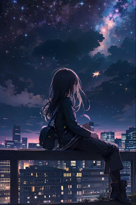 octans, sky, star (sky), scenery, starry sky, night, 1girl, night sky, solo, outdoors, building, cloud, milky way, sitting, tree, long hair, city, silhouette, cityscape