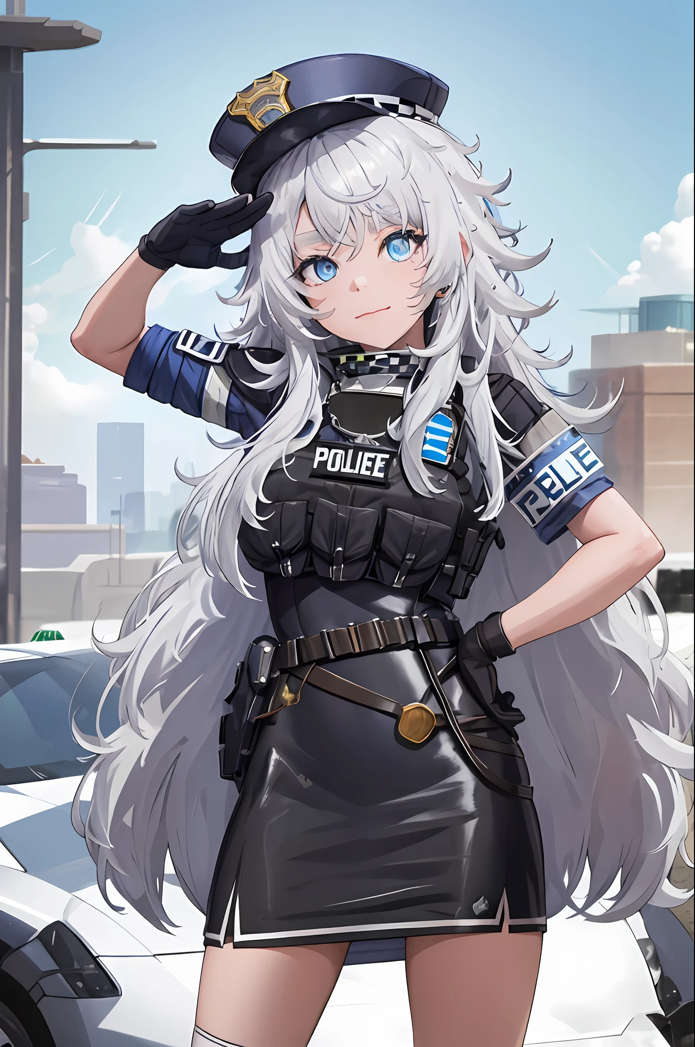 masterpiece, best quality, highres, 1girl, solo, long hair, hat, blue eyes, white hair, messy hair, black gloves, white socks, police uniform, black skirt, short sleeves, cowboy shot, salute, hand on hip,