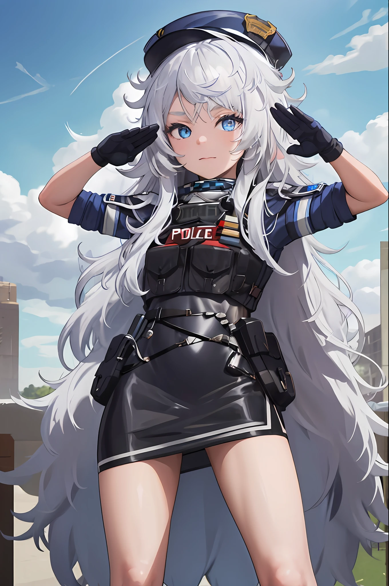 masterpiece, best quality, highres, 1girl, solo, long hair, hat, blue eyes, white hair, messy hair, black gloves, white socks, police uniform, black skirt, short sleeves, cowboy shot, salute, hand on hip,