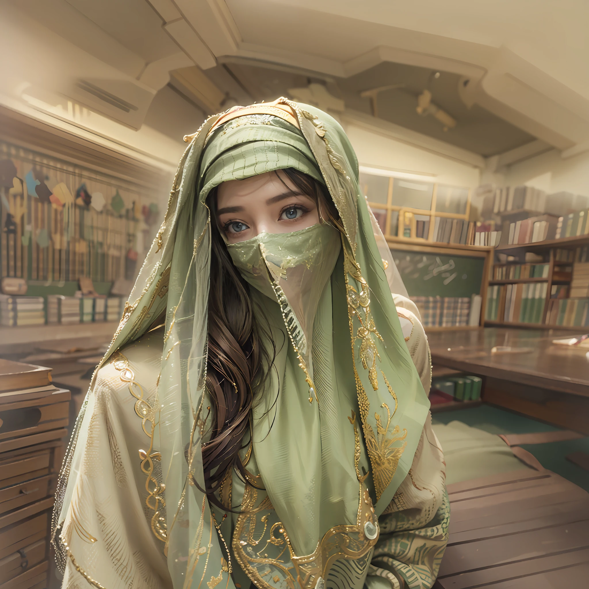 in a panoramic view，photorealestic，16k，Bright Arabian luxury classroom，luxury goods，golden decorations，Fabric decoration，Wear a luxurious Arabic burqa school uniform，Wear an Arabic headscarf，Beautiful Arab schoolgirls in veils and masks are listening carefully，Focus on taking notes，professinal，Meistwick，commissioned，best qualtiy，color corrected，After fixation，Retouching，Improvement，Epic，Tone-mapping，the detail， highly  detailed， digitial painting， art  stations， Conceptual map of the long dam， Smoothness， Sharp focus， Beautiful illustration， photore， The light from the back window is backlighted， 动态照明， Mist， 复杂， cinematic grain， professinal， face to the viewer，（Beautiful m3d_woman， Perfect M3D_face,）， Volumetriclighting， subsurfacescattering， Good highlights， Good shadows， cinematic ligh