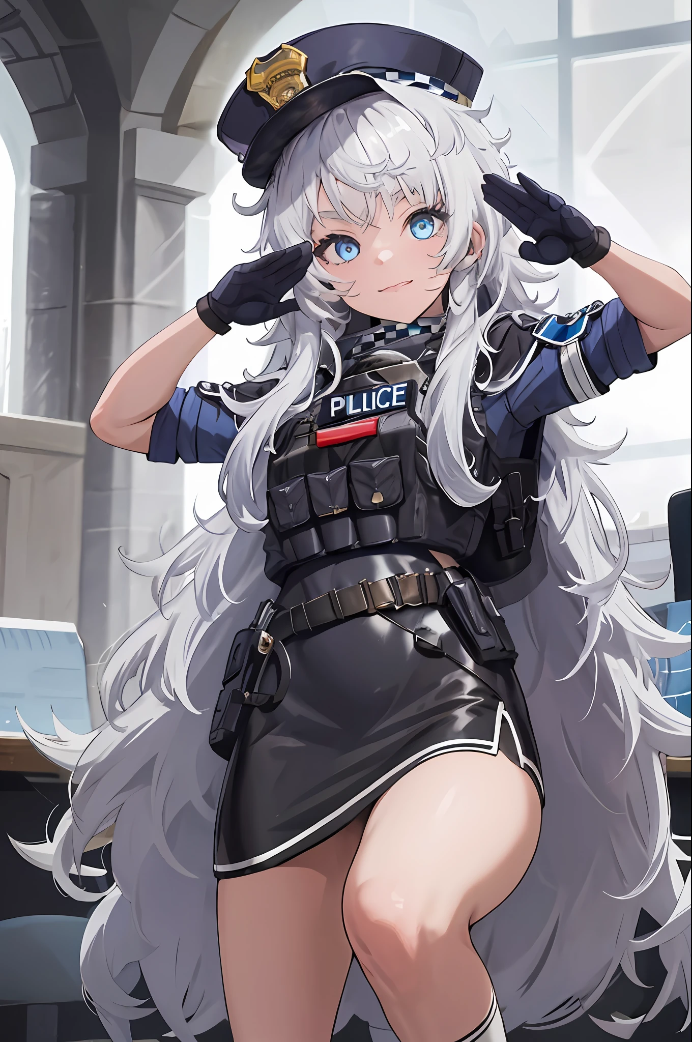 masterpiece, best quality, highres, 1girl, solo, long hair, hat, blue eyes, white hair, messy hair, black gloves, white socks, police uniform, black skirt, short sleeves, cowboy shot, salute, hand on hip,