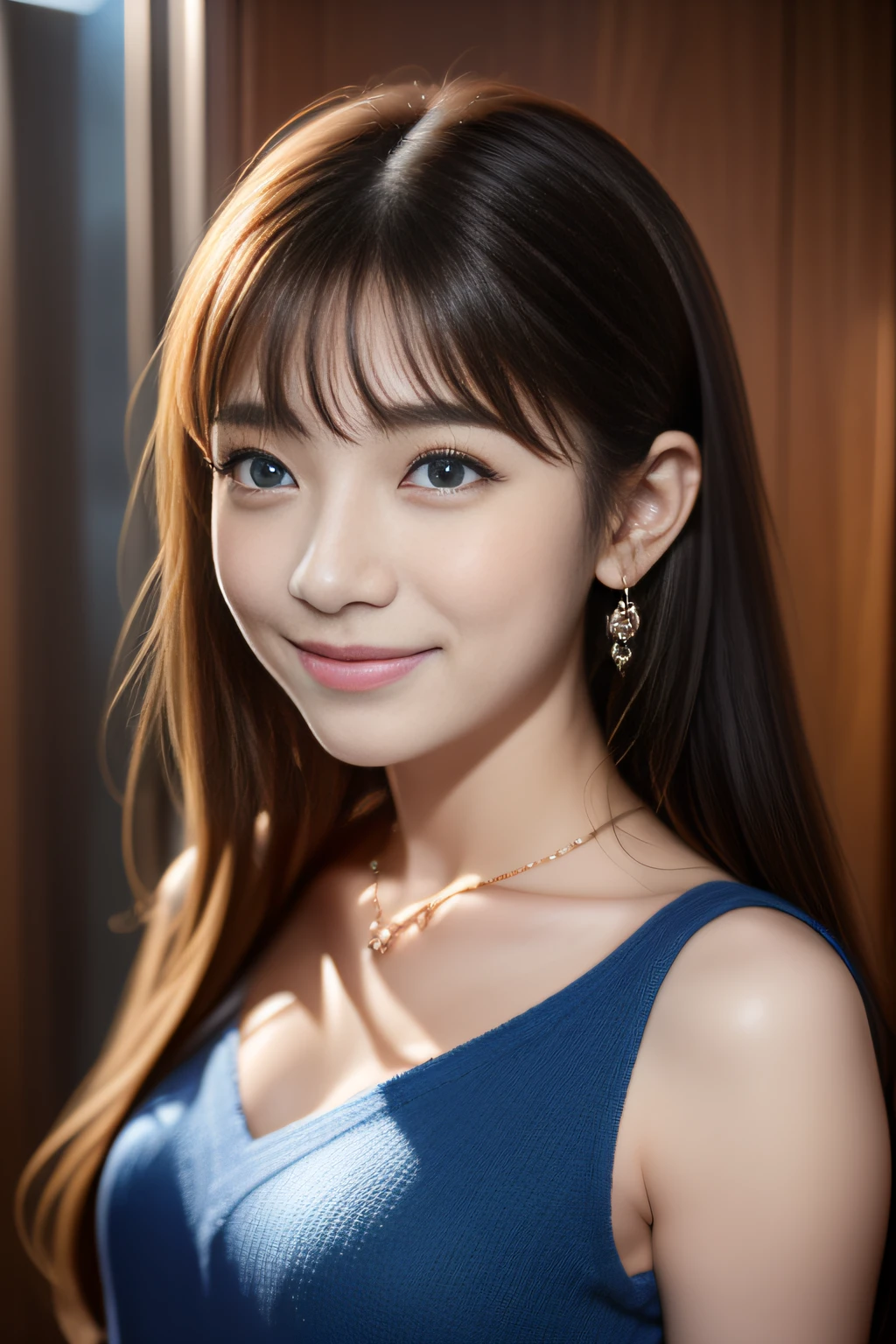 in 8K、top-quality、​masterpiece、ultra-detailliert、超A high resolution、1 18-year-old girl、azure eyes、big eye、Fashionable hairstyle、A slight smil、portlate、耳Nipple Ring、a necklace、