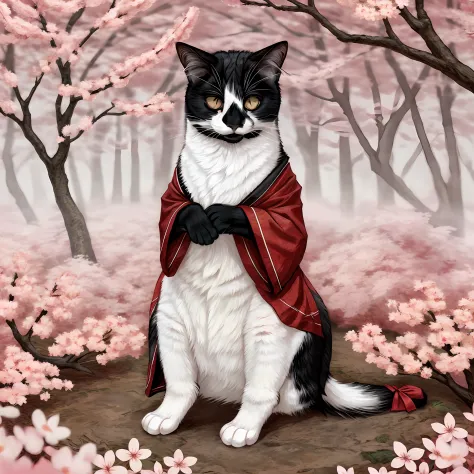 Leo, black and white cat, happy face, standing on hind legs, standing upright, wearing red kimono, mystical cat, in a foggy Japanese cherry blossom field, looking at viewer, open kimono