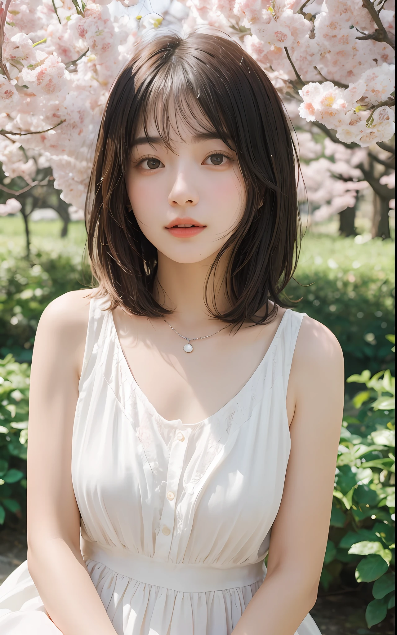 ((top-quality、​masterpiece))、Raw photography、8K、top-quality、 超A high resolution、Beautiful face in every detail、Realistic human skin、Gentle expression、front-facing view、Farbe々From an angle、(shorth hair:1.5)、realisitic、Photorealsitic、cute little、springtime、cherry trees、White Dress、a necklace、