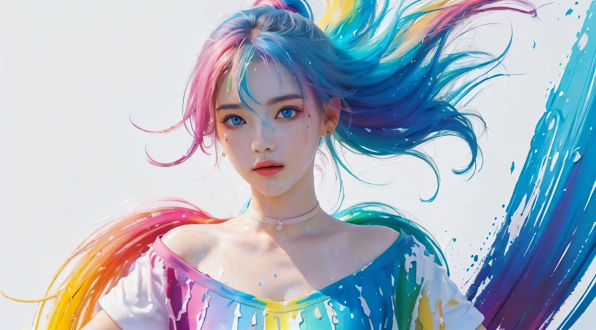 （Pink Fashion T-shirt：1.9），(Colorful hair: 1.8), (all the colours of the rainbow: 1.8),(((((vertical painting：1.6))), （painting：1.6），front, comics, illustrations, paintings, large eyes, crystal clear eyes,（ rainbow color gradient high ponytail：1.7）, exquisite makeup, closed mouth,(Small Fresh: 1.5),(Wipe Chest: 1.6) ，long eyelashes, white off shoulder T-shirt,  White Shoulder Shirt，looking at the audience, large watery eyes, (rainbow colored hair：1.6), color splash, （solo：1.8）, color splash, color explosion, thick paint style, messy lines, ((shining))，(colorful), (colorful), (colorful), colorful, Thick Paint Style, (Splash) (Color Splash), Vertical Painting, Upper Body, Paint Splash, Acrylic Pigment, Gradient, Paint, Highest Image Quality, Highest Quality, Masterpiece, Solo, Depth of Field, Face Paint,  colorful clothes, (Elegant: 1.2), gorgeous,long hair, wind, (Elegant: 1.3), (Petals: 1.4)，(((masterpiece))),(((best quality))),((ultra-detailed)),(illustration),(dynamic angle),((floating)),(paint),((disheveled hair)),(solo),(1girl) , (((detailed anima face))),((beautiful detailed face)),collar,bare shoulders,white hair, ((colorful hair)),((streaked hair)),beautiful detailed eyes,(Gradient color eyes),(((colorful eyes))),(((colorful background))),(((high saturation))),(((surrounded by colorful splashes))),