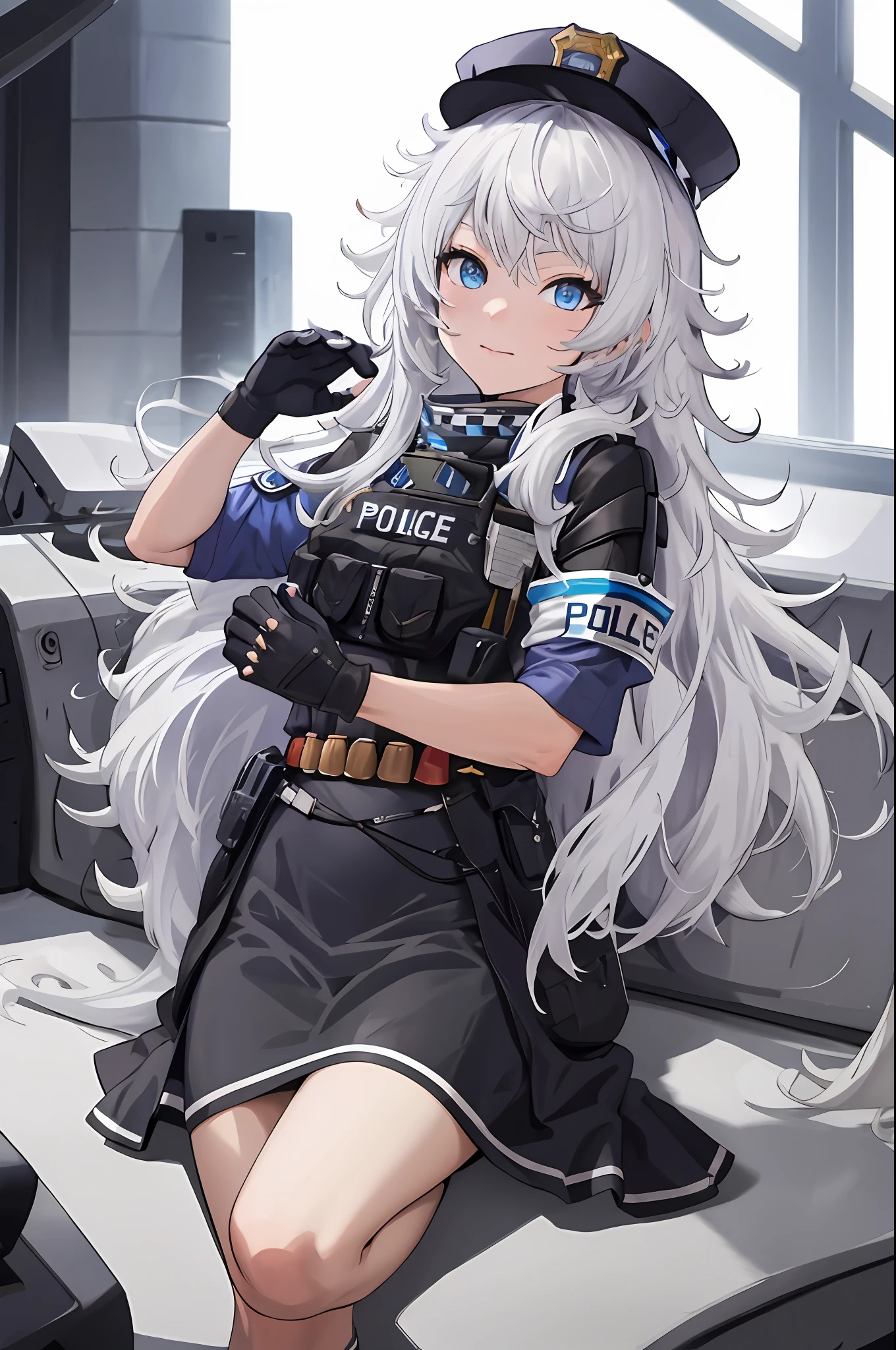 dessus de la table, Meilleure qualité, haute résolution, 1 fille dans, seulement, cheveux longs, a, yeux bleus, cheveux blancs, cheveux en désordre, gants noirs, chaussettes blanches, uniforme de police, jupe noire, manches courtes, tir de cow-boy,