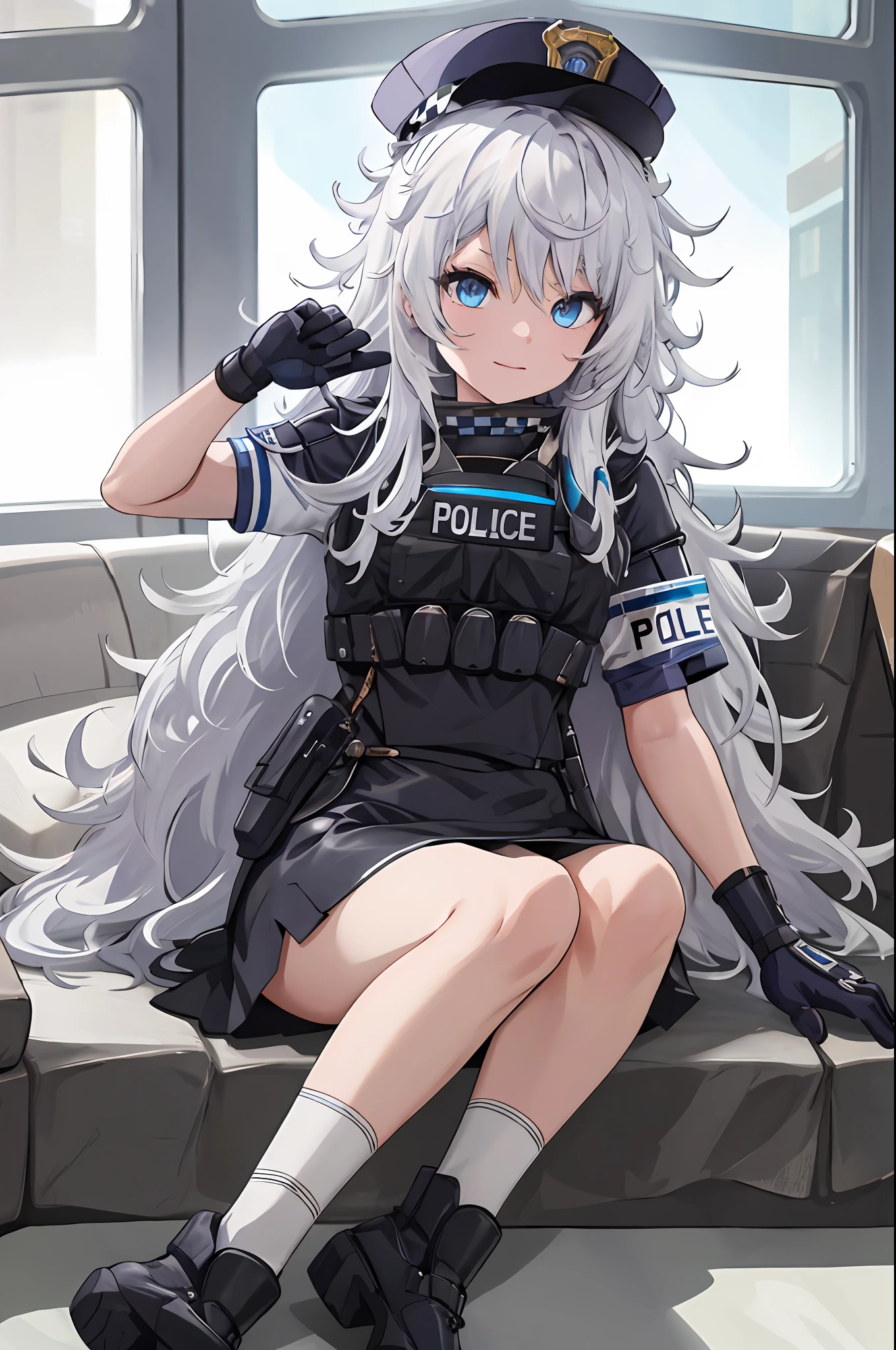 mesa, mejor calidad, alta resolución, 1 chica en, Solo, pelo largo, tiene, Blue eyes, pelo blanco, cabello desordenado, guantes negros, calcetines blancos, uniforme de policia, Falda negra, mangas cortas, tiro de vaquero,