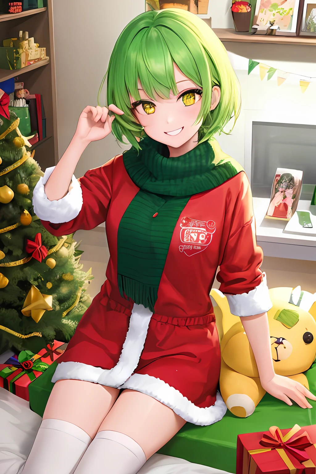 1girl, bright green hair, short hair, Santa Chloted, yellow eyes, masterpiece, best illustration, best manga, cute, smile, gift me a present