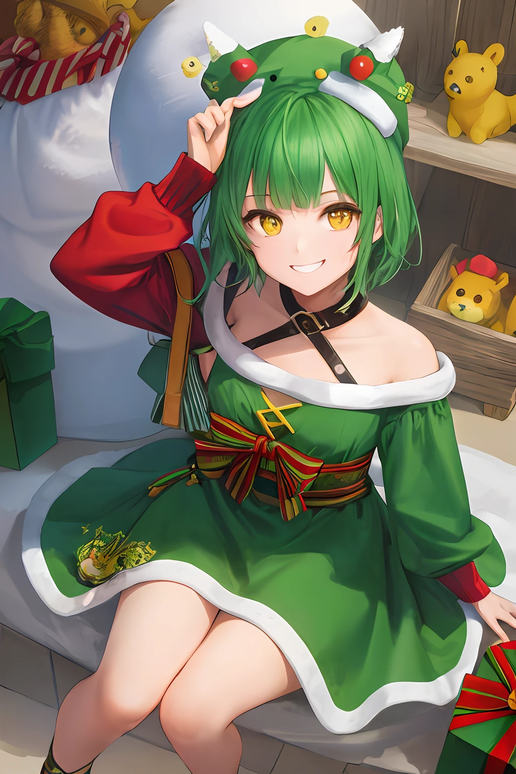 1girl, bright green hair, short hair, Santa Chloted, yellow eyes, masterpiece, best illustration, best manga, cute, smile