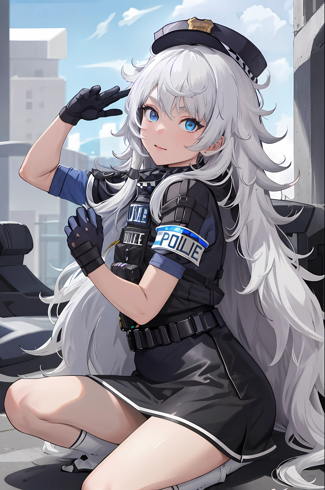 chef-d&#39;œuvre, Meilleure qualité, haute résolution, 1fille, seulement, cheveux longs, a, yeux bleus, cheveux blancs, Les cheveux en désordre, gants noirs, chaussettes blanches, uniforme de police, jupe noire, manches courtes, tir de cow-boy, déposé, ruines, du côté,