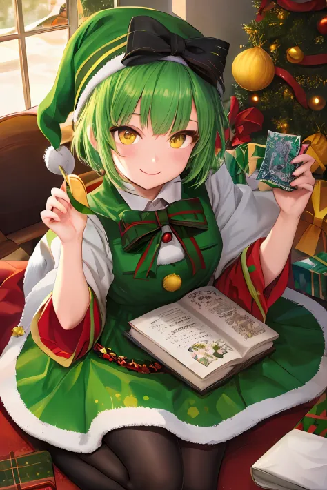 1girl, bright green hair, short hair, santa claus chloted, yellow eyes, masterpiece, best illustration, best manga, smile, cute