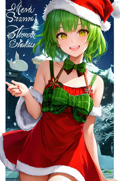 1girl, bright green hair, short hair, santa claus chloted, yellow eyes, masterpiece, best illustration, best manga, smile, cute