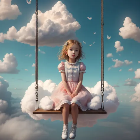 on a swing in the clouds，there is one girl，girl sitting on fantastic surrealism cloud，inspired by frieke janssens，stunning cloud...