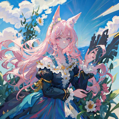 1girll, flowers meadows, Long pink fluffy hair, blue open sky, Pink eyes, a blue dress, animal ears, Romanticism, Tonalism, anime style, chiaroscuro, cinematic lighting, Masterpiece, Best quality, ccurate, UHD, textured skin
