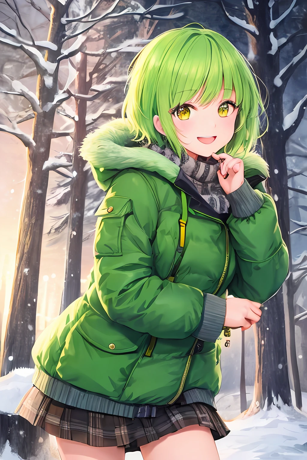 1girl, bright green hair, short hair, wearing green winter jacket, yellow eyes, snowing, smile, cute, masterpiece, best illustration, best manga