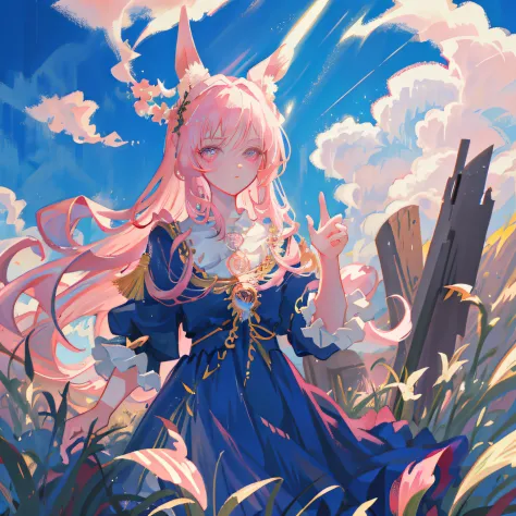 1girll, flowers meadows, Long pink fluffy hair, blue open sky, Pink eyes, a blue dress, animal ears, Romanticism, Tonalism, anime style, chiaroscuro, cinematic lighting, Masterpiece, Best quality, ccurate, UHD, textured skin