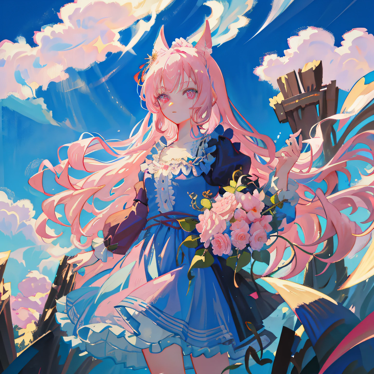 1girll, flowers meadows, Long pink fluffy hair, blue open sky, Pink eyes, a blue dress, animal ears, Romanticism, Tonalism, anime style, chiaroscuro, cinematic lighting, Masterpiece, Best quality, ccurate, UHD, textured skin