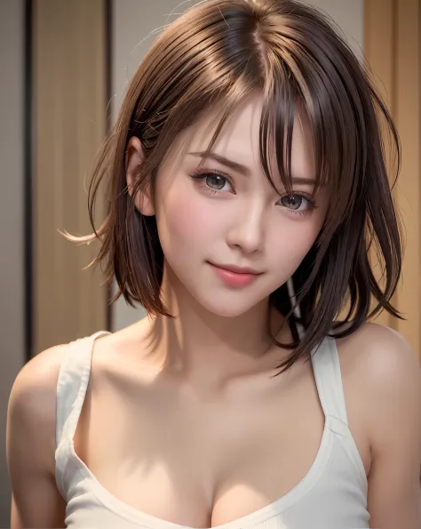 Best Quality, Ultra High Resolution, (Photorealistic: 1.4), Beautiful Eyes, Super Beautiful, Very Short Hair, Beautiful, Sweetheart, T-shirt with Rough Chest, Beautiful Soldier, Eyes That Invite Viewer, Lover's Perspective, Inviting Expression, Sexy Smile,...