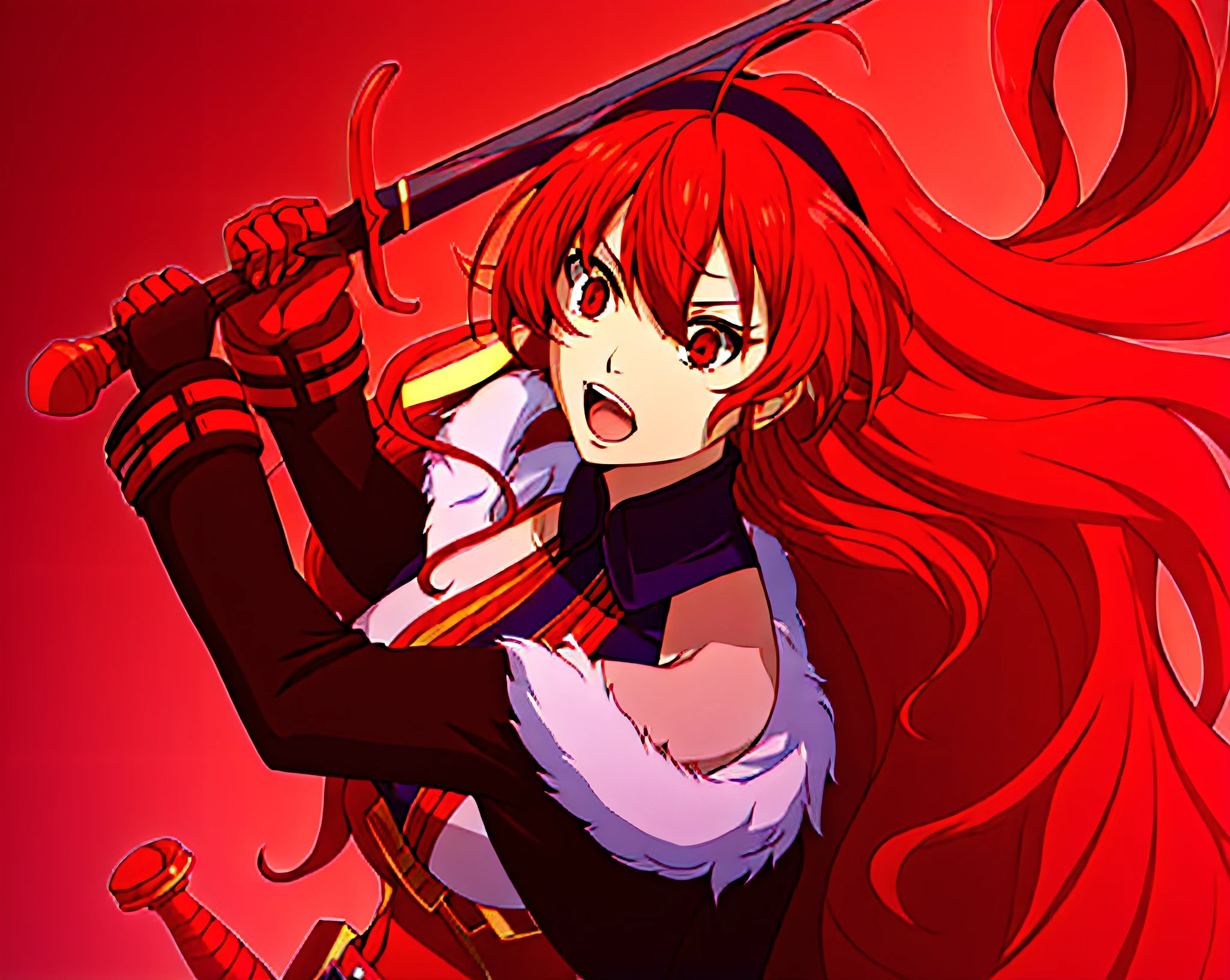 Menina do anime com cabelo vermelho segurando uma espada e uma espada, badass anime 4 k, female action anime girl, Rias Gremory, uma mulher berserker muito bonita, female redhead templar, personagem de anime feminino, Impacto de Ayaka Genshin, Erza Scarlet como uma pessoa real, estilo anime como destino/noite de estadia, portrait of a female anime hero