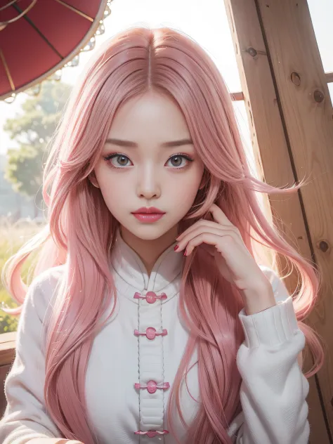 Long Light Hair，Close up to the face，Chinese big eyes girl with lipstick on her lips, Realistic scene style, Light pink and light maroon, I can't believe how beautiful this is, pixar-style,  pixar-style, pixar-style, pixar-style,Light white and dark pink, ...