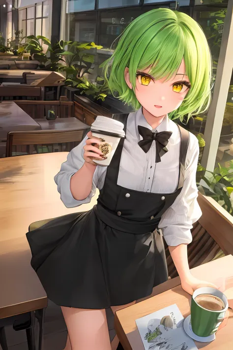 1girl, bright green hair, short hair, princess chlotes, yellow eyes, in cafe, drinking coffee, masterpiece, best illustration, b...