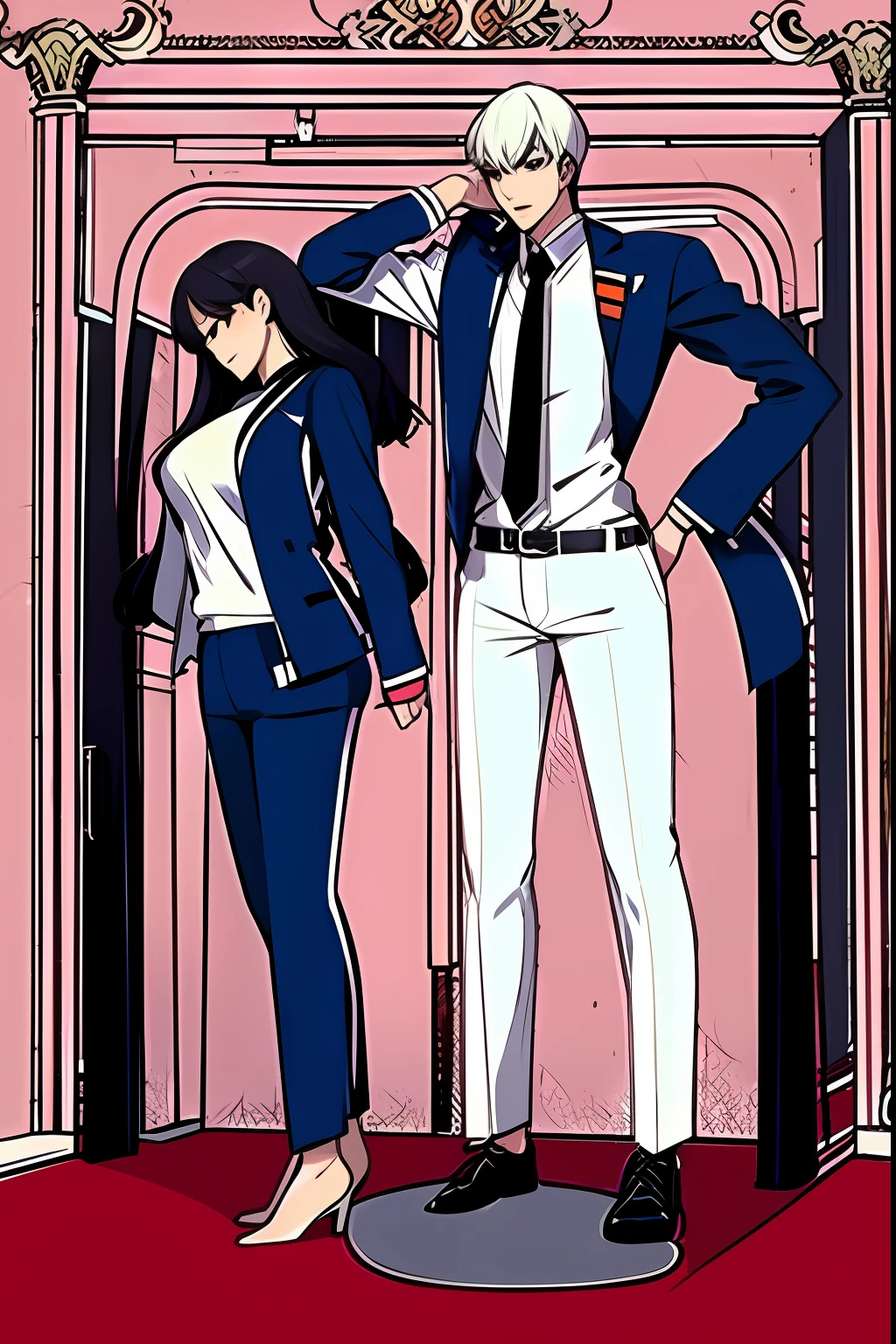 anime drawing of a man and woman standing on a scale, height 1 7 8, muscular!!, muscular!, muscular! white, yandere. tall, tall and slim, tall and muscular, very tall and slender, full body!!, by Naka Bokunen, full body;, full body!, [ adamantly defined abs ]!!, anime full body illustration