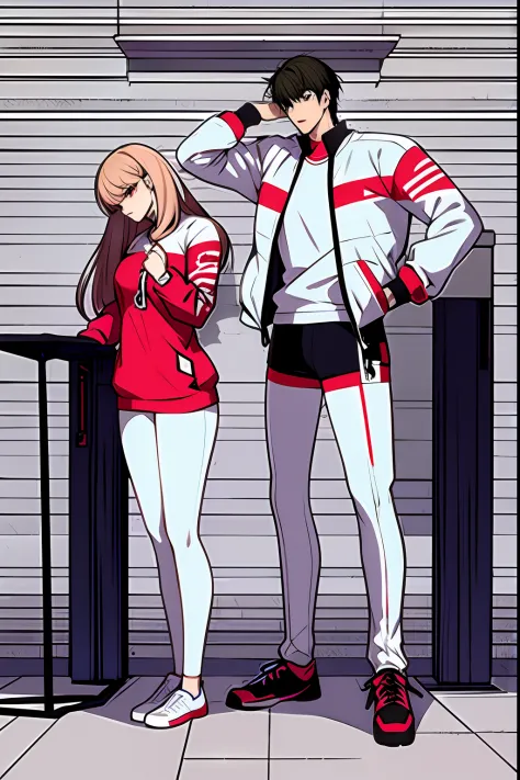 anime drawing of a man and woman standing on a scale, height 1 7 8, muscular!!, muscular!, muscular! white, yandere. tall, tall and slim, tall and muscular, very tall and slender, full body!!, by Naka Bokunen, full body;, full body!, [ adamantly defined ab...