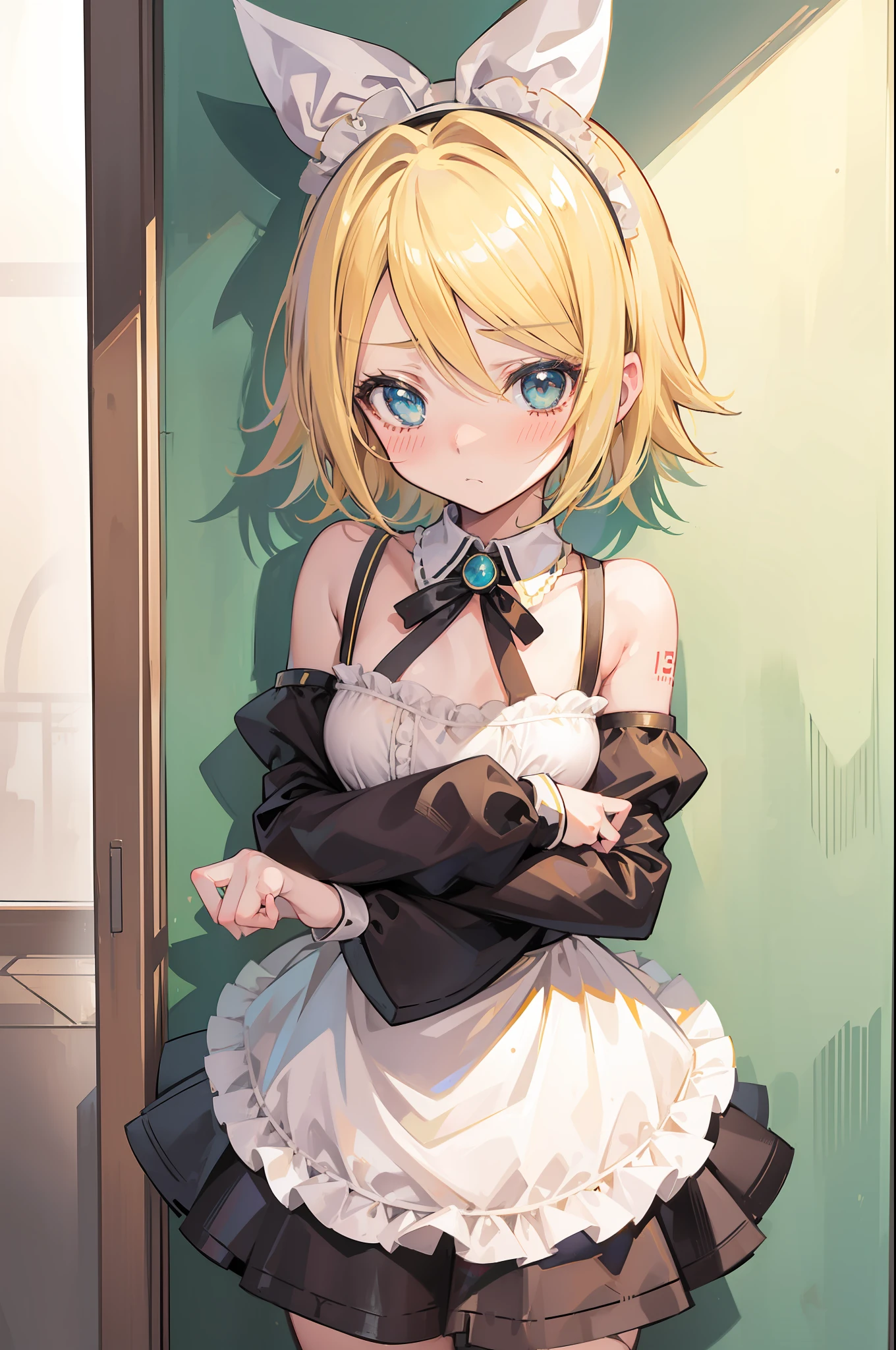 Une fille, (Kagamine_Aussi), yeux verts, cheveux blonds, Cheveux courts, visage mignon, Beaux yeux, poitrine plate, (Déguisement de servante), debout, tir de cow-boy, regarde toi, elle t&#39;aime, (Timide), (rougir), (gêné), ta petite amie, à la maison, hors épaule