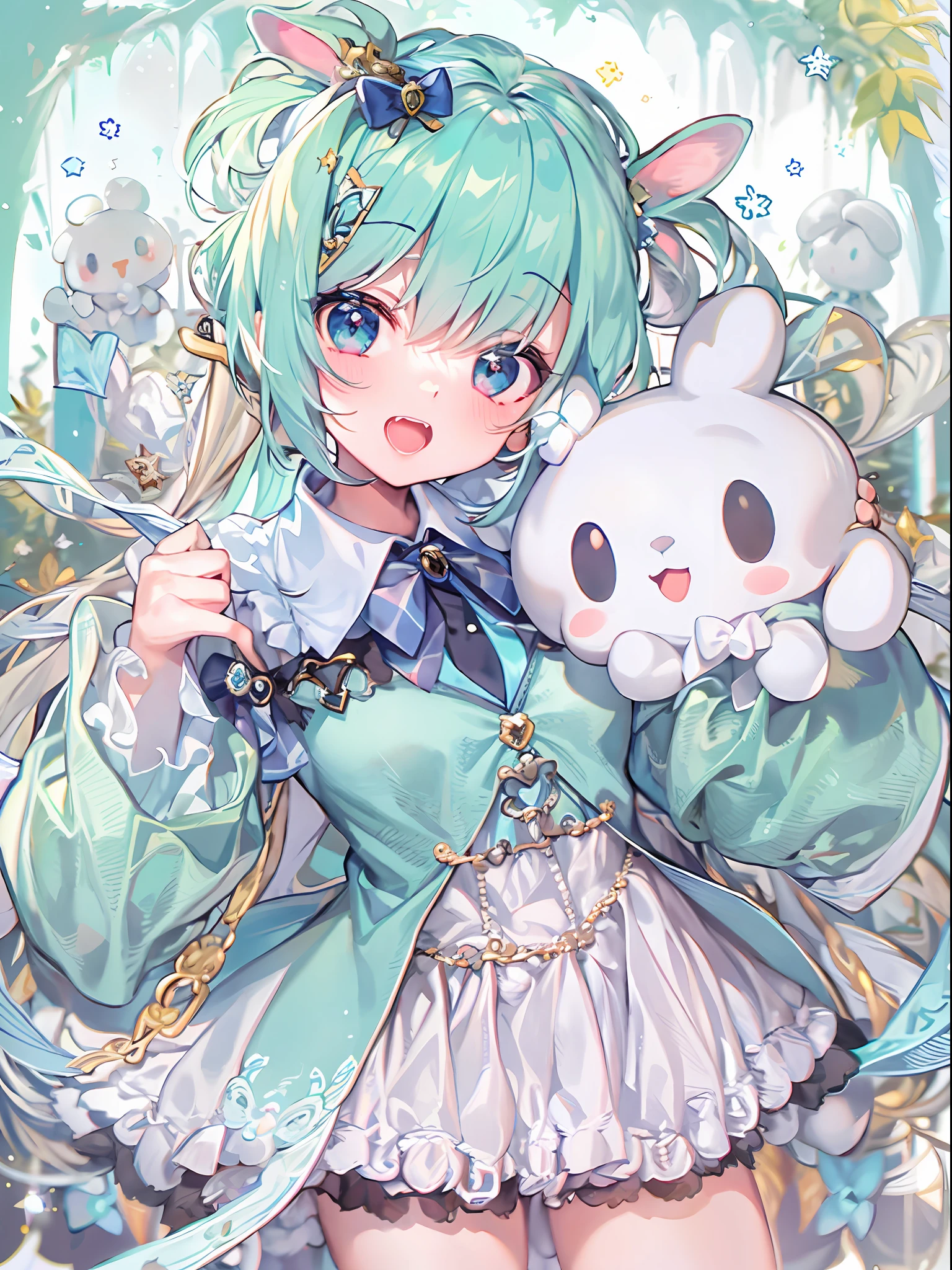 1girll, Solo, Cinnamiku, Blue hair, Blue eyes, Hair rings, Hair Bow, (Blue bow), (cinnamoroll, tied ears, sanrio, 1other, organism:1.2), Black sleeves, Bare shoulders, a blue tie, Wide sleeves, Collared shirt, Detached sleeves, tiese, a blue tie, frilled collar, frilly shirt, Fancy, kawaii, Cowboy shot, microphones,