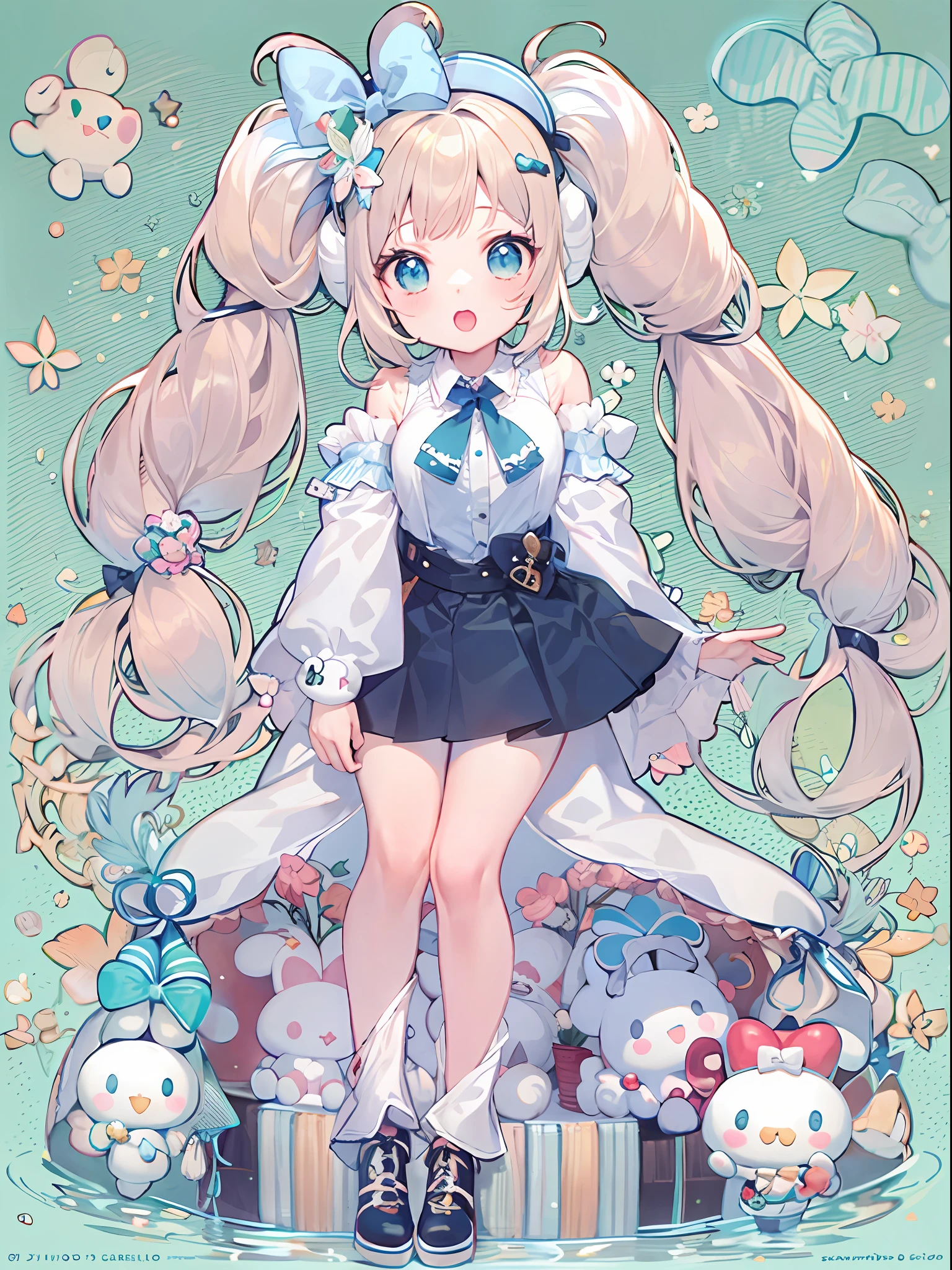 1girll, Solo, Cinnamiku, Blue hair, Blue eyes, Hair rings, Hair Bow, (Blue bow), (cinnamoroll, tied ears, sanrio, 1other, organism:1.2), Black sleeves, Bare shoulders, a blue tie, Wide sleeves, Collared shirt, Detached sleeves, tiese, a blue tie, frilled collar, frilly shirt, Fancy, kawaii, Cowboy shot, microphones,