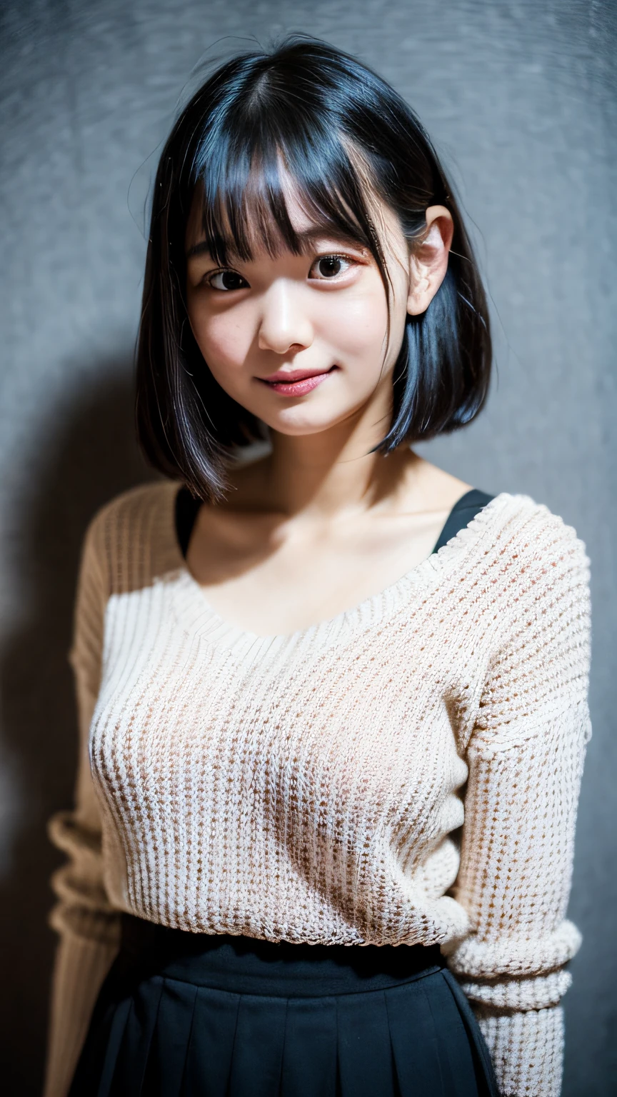 (top-quality、8K、32K、​masterpiece、nffsw:1.2)、Photo of a cute Japanese woman、a junior high school student、large full breasts、Colossal tits、(oversized_sweater、:1.1)、short-hair、A dark-haired、The upper part of the body、simple background、Bright lighting、Look around、A smile、Dark blue pleated skirt、