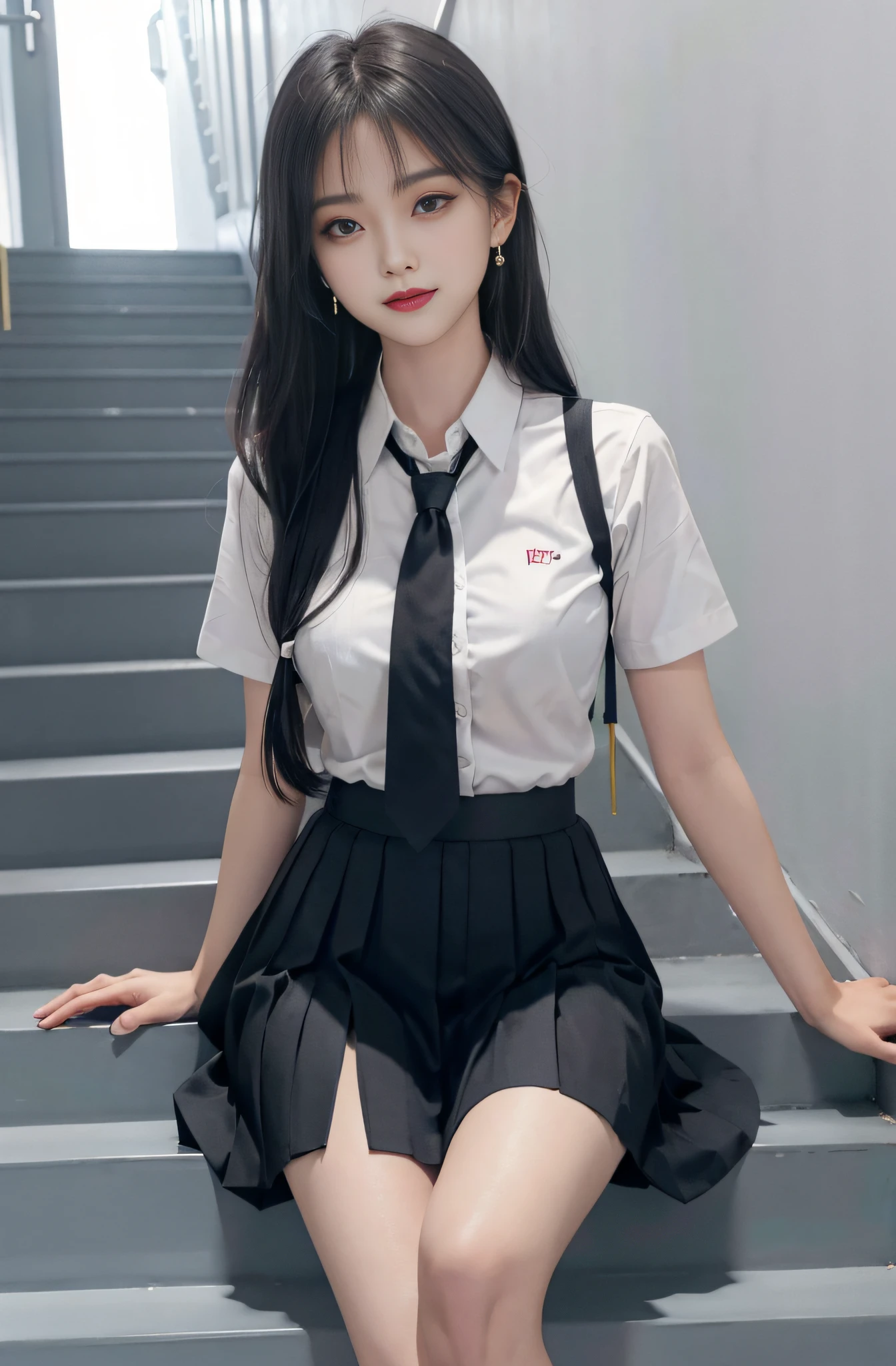 gray eyes, korean school uniform, summer school uniform shirt, ribbon tie, korean student tight skirt, bright blonde, school stairs, going down school stairs, chest thrusting pose, chest showing off pose, 8k raw photo, high resolution, cool korean at 16 years old, very big round breasts, beautiful eyes in detail, long eyelashes, beautiful double eyelids, eye shadow, eyeliner, cut eyes, elongated eye shape, Sanpaku eyes, evil smile, evil look, beautiful very thin legs, beautiful very thin thighs, random medium hair, hair tied behind the head, earrings,