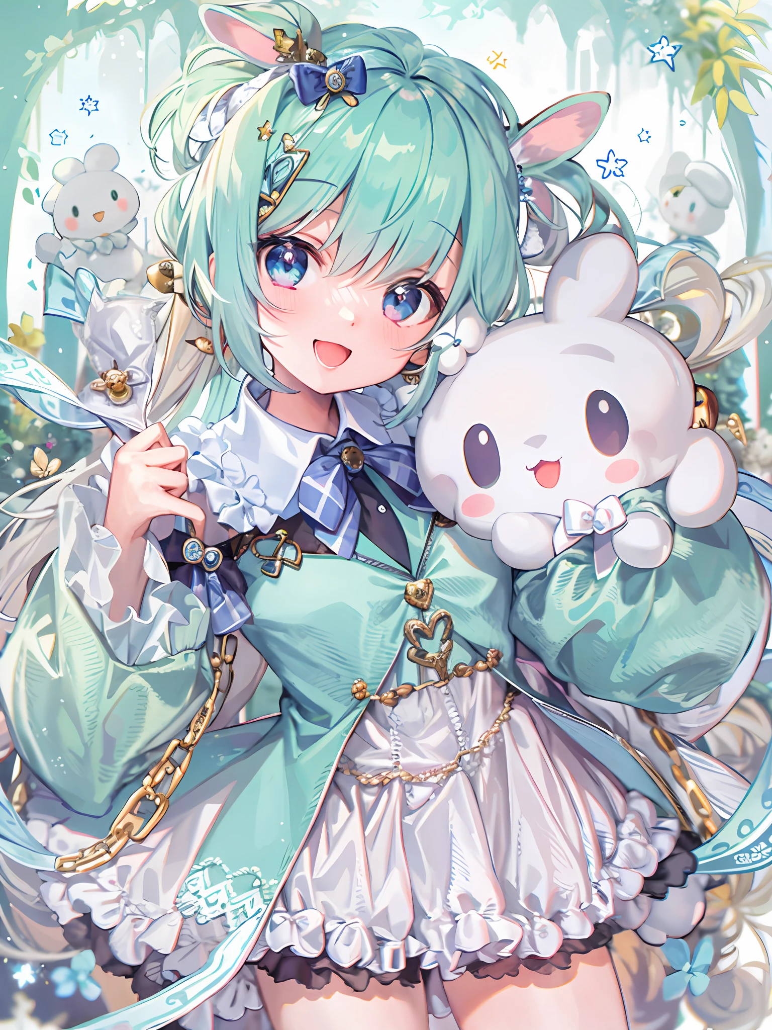 1girll, Solo, Cinnamiku, Blue hair, Blue eyes, Hair rings, Hair Bow, (Blue bow), (cinnamoroll, tied ears, sanrio, 1other, organism:1.2), Black sleeves, Bare shoulders, a blue tie, Wide sleeves, Collared shirt, Detached sleeves, tiese, a blue tie, frilled collar, frilly shirt, Fancy, kawaii, Cowboy shot, microphones,