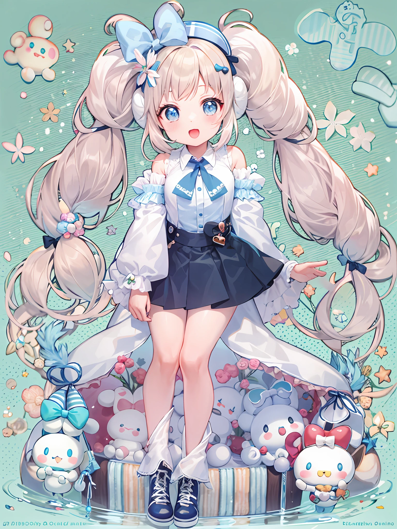 1girll, Solo, Cinnamiku, Blue hair, Blue eyes, Hair rings, Hair Bow, (Blue bow), (cinnamoroll, tied ears, sanrio, 1other, organism:1.2), Black sleeves, Bare shoulders, a blue tie, Wide sleeves, Collared shirt, Detached sleeves, tiese, a blue tie, frilled collar, frilly shirt, Fancy, kawaii, Cowboy shot, microphones,