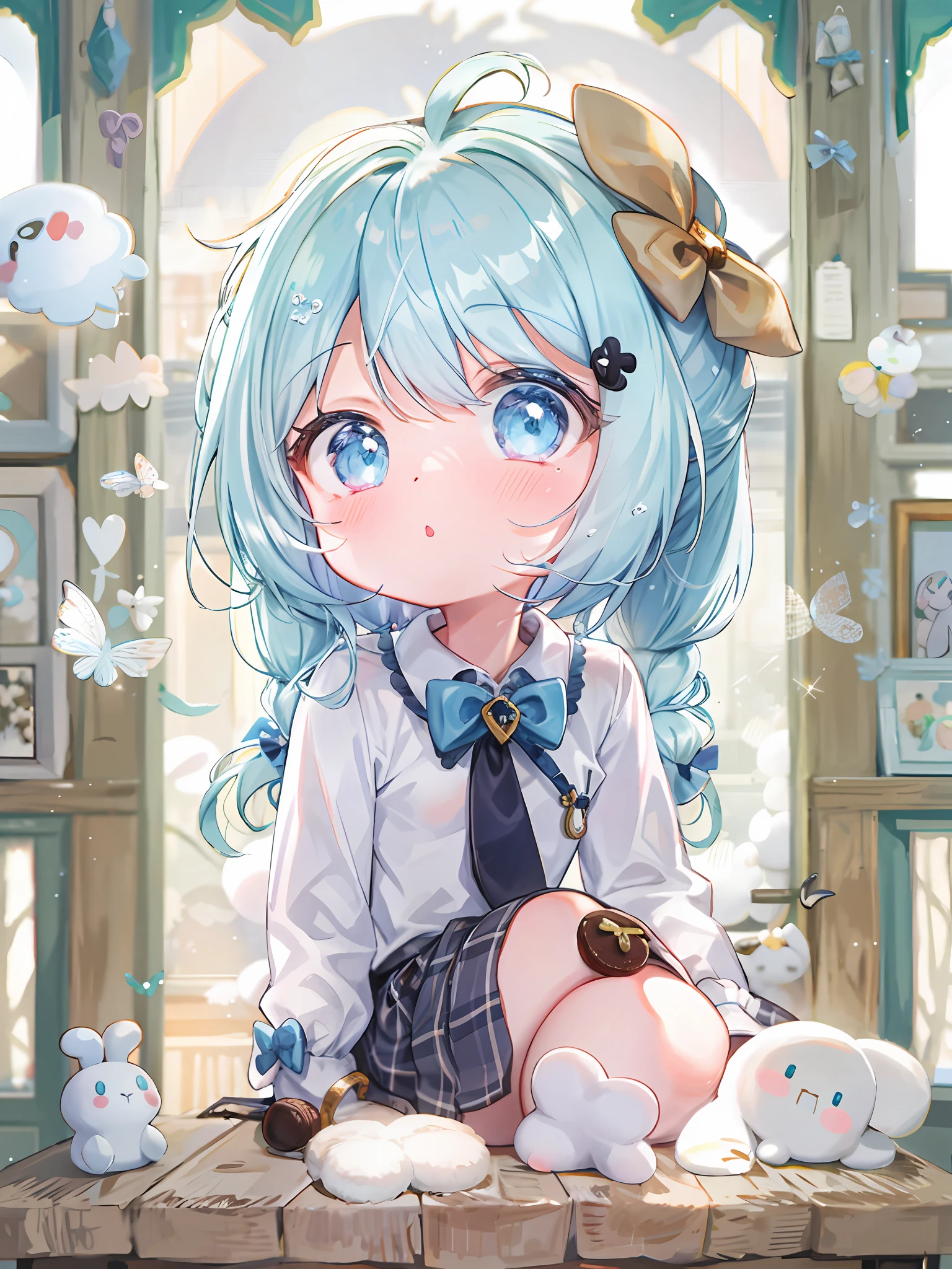 1girll, Solo, Cinnamiku, Blue hair, Blue eyes, Hair rings, Hair Bow, (Blue bow), (cinnamoroll, tied ears, sanrio, 1other, organism:1.2), Black sleeves, Bare shoulders, a blue tie, Wide sleeves, Collared shirt, Detached sleeves, tiese, a blue tie, frilled collar, frilly shirt, Fancy, kawaii, Cowboy shot, microphones,