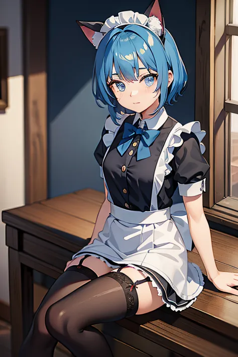 schoolgirls，cat ear，the maid outfit，blue hairs，black lence stockings