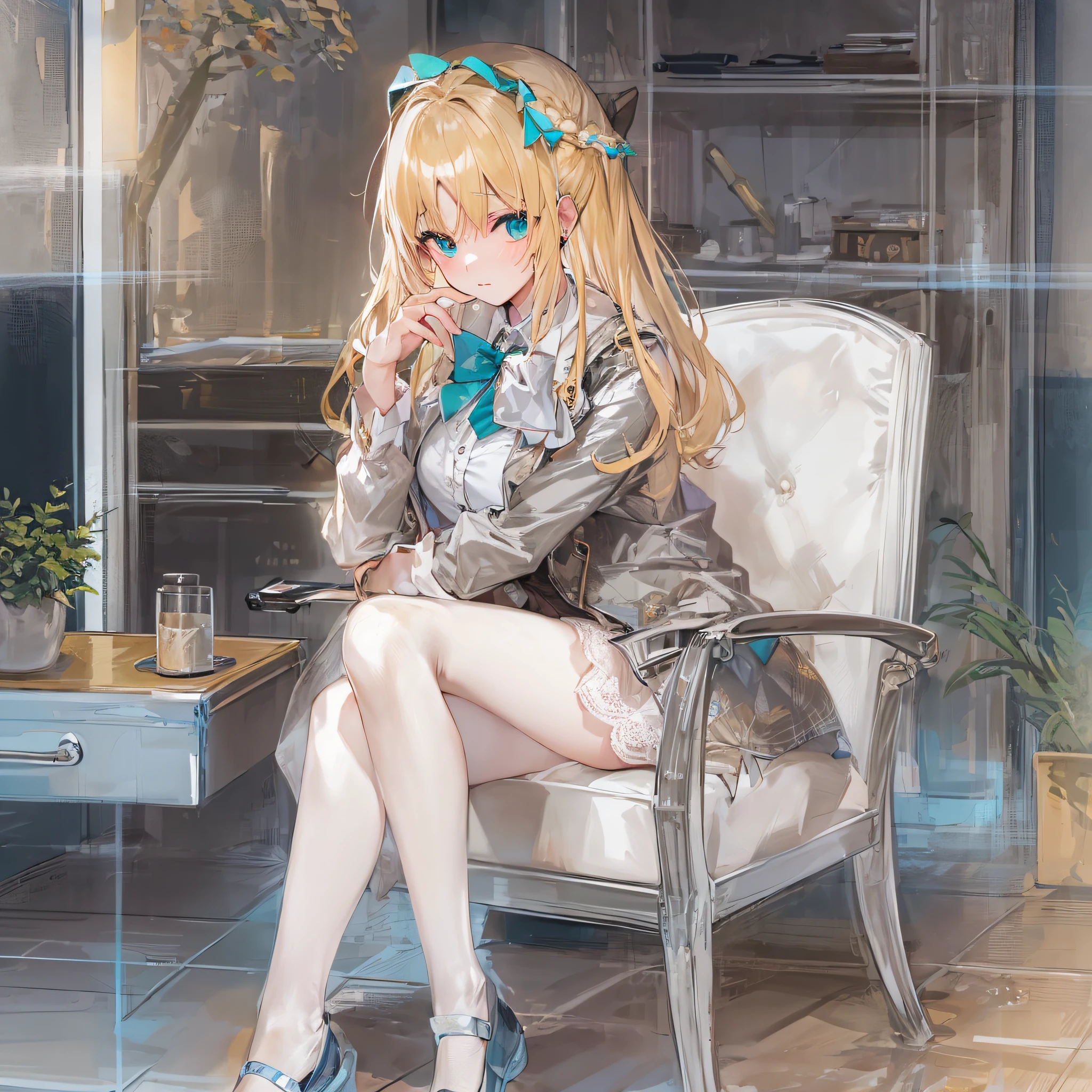 tmasterpiece，Best quality at best，golden hair，is shy（（（White uh lace panties））），A high resolution，1 girl Panasonic sweeping bangs hair，Cyan jacket，White shirt open，blue bowtie，sit on chair，crossed legs