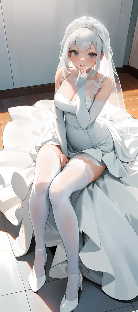 A woman in a white wedding dress poses for a photo, Angela White, thicc, White lace trim, 2263539546],White color hair， dressed in a beautiful white, 8K)), Wear a wedding dress loli，White color hair ，sakimichan, Anime comic style，white wedding gown, white ...