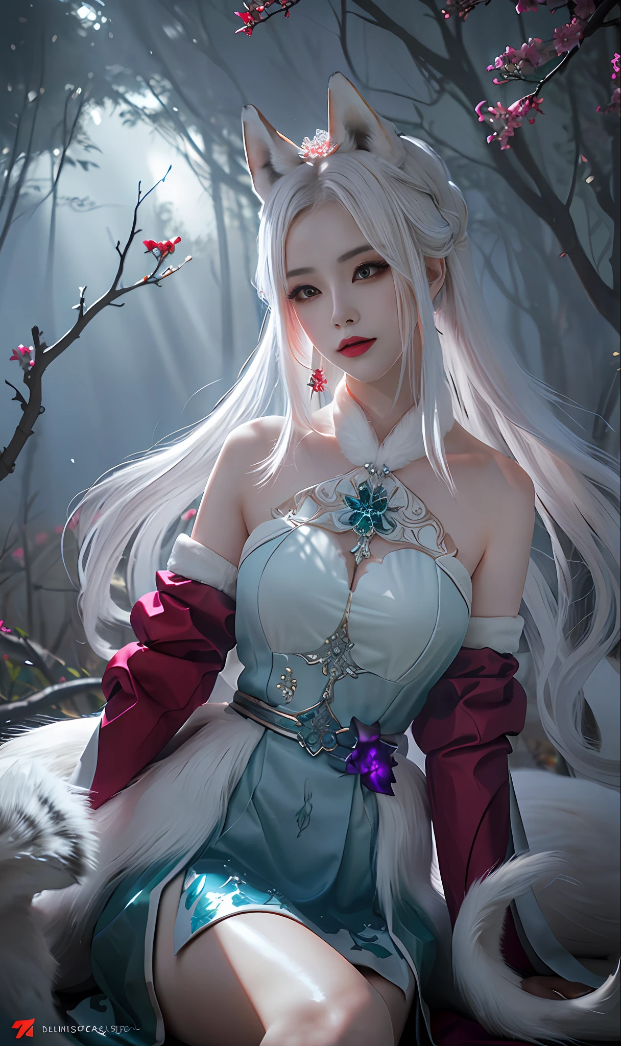 send，tmasterpiece，beautifuldetails，extremely colorful，Exquisite details，Delicate lips，The details are complex，Realiy，Ultra photo realsisim，A girl with a white-haired fox sitting on a branch：1.1，Large breasts，Raised sexy，seductiv，ethereal fox，nine tail fox，Onmyoji detailed art，Nine Tails，a beautiful artwork illustration，mythological creatures，red fox，Beautiful digital artwork，Exquisite digital illustration，mizutsune , Inspired by the mythical creature wildnet，Digital art on Pixiv，strong lights，hight contrast，Horror movie theme，Dark atmosphere