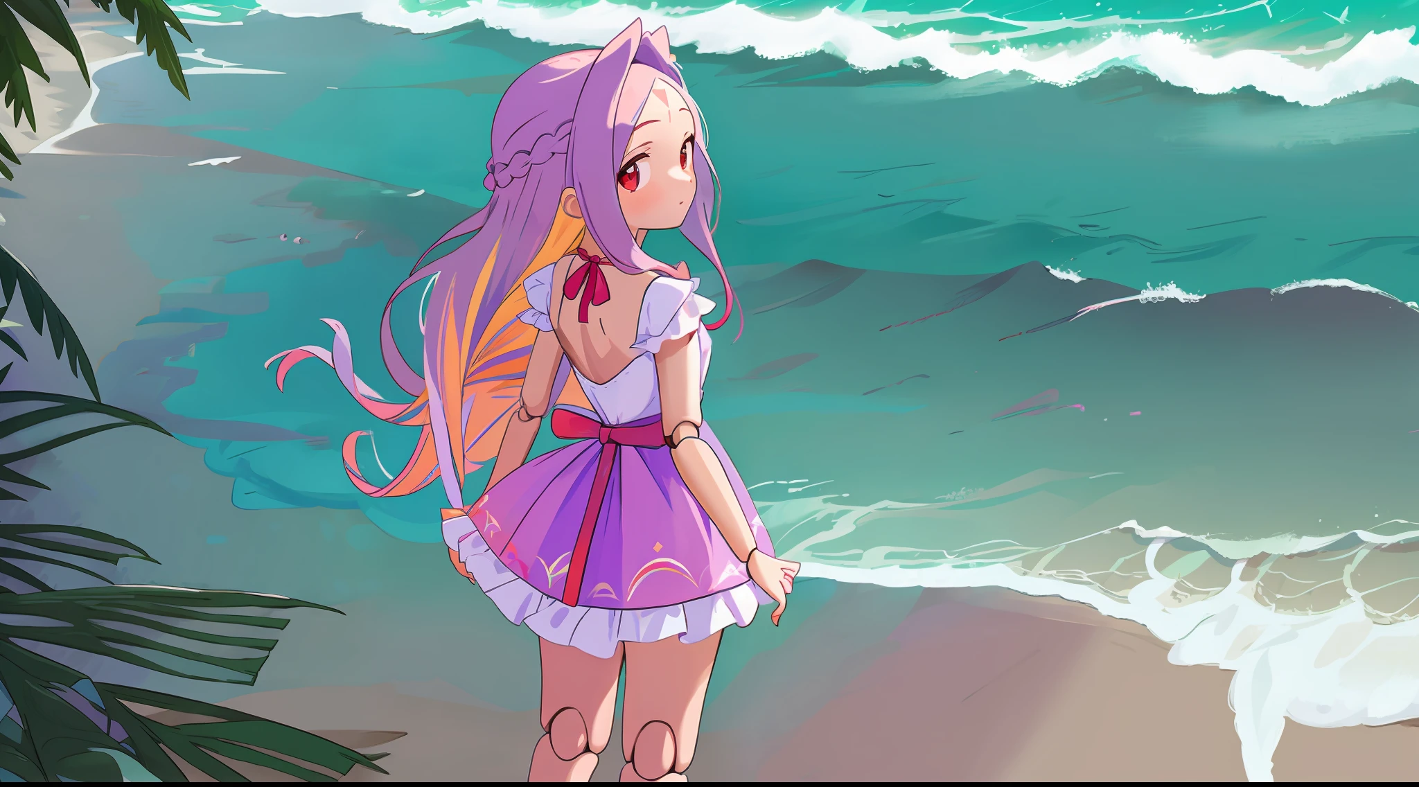 Masterpiece: 1.6, best quality: 1.4, live image: 1.2, intricate details: 1.2, ++, 1girl, solo, light purple hair, long hair, french braid, single sidelock, forehead, red eyes, multicolored eyes, small breasts, flat chest, teen girl, swimsuit, bikini, frills, doll, doll joints, ++, in a beach, standing, looking back, from back, scenery, cg, from back, looking back, (small smile:0.7)