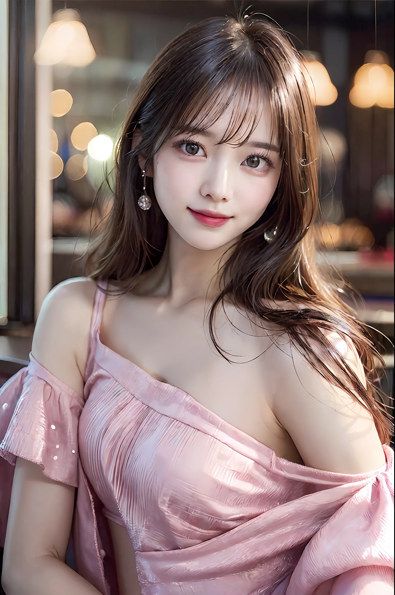 ((Realistic lighting、top-quality、2k、​masterpiece:1.3))、Portrait of woman in pink dress with tear on head, Focus:1.2、Perfect figure:1.4、Slim abs:1.1、(Inside the bar、Night:1.1)、(Super fine face、A smile)、big eye、24