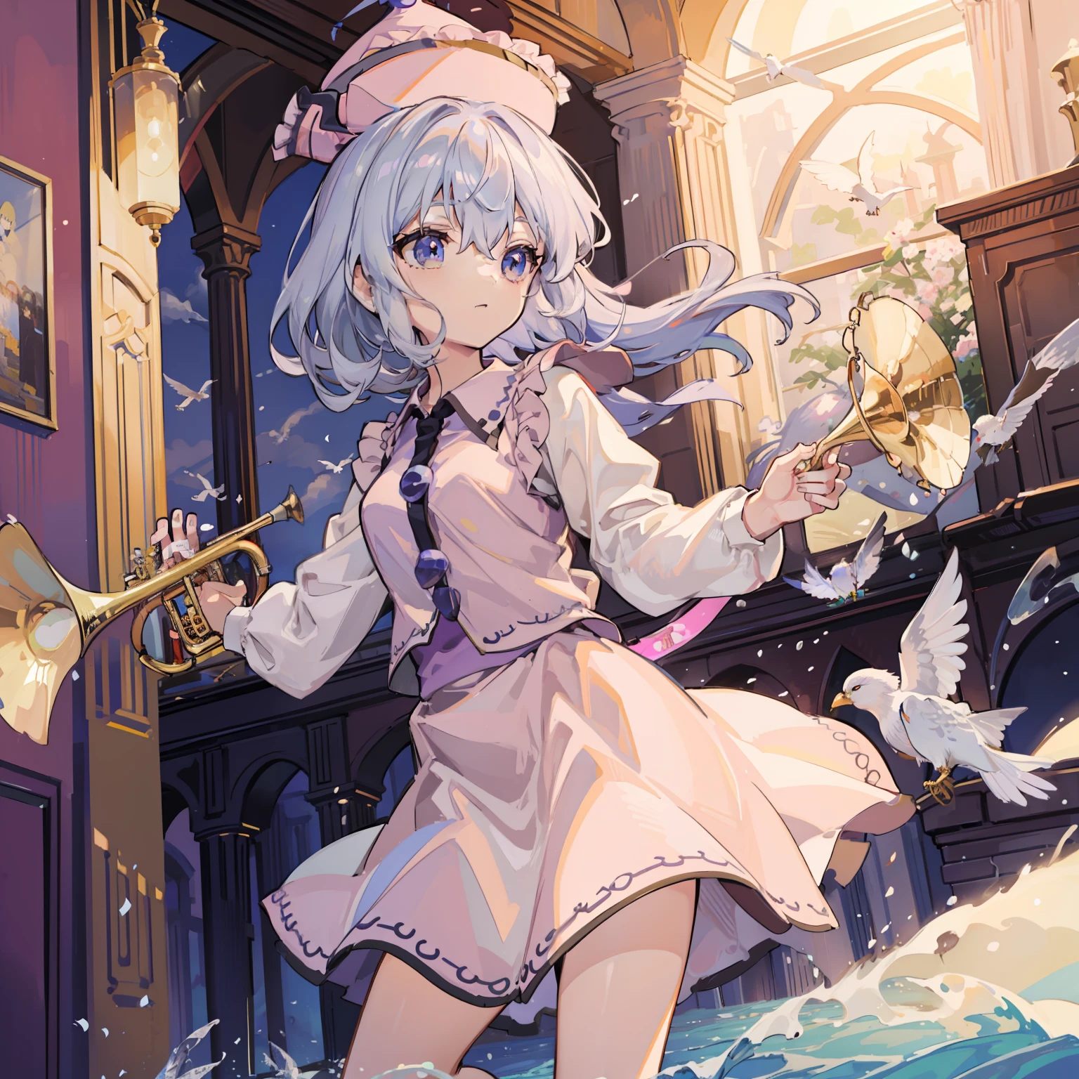 Merlin Rhythm River playing trumpet, masutepiece, Fine detail, 4K, 8K, 12K, Solo, One Person, Beautiful Girl, caucasian female, Merlin Rhythm River,Hats、 spring, birds flying away, Air, Music room