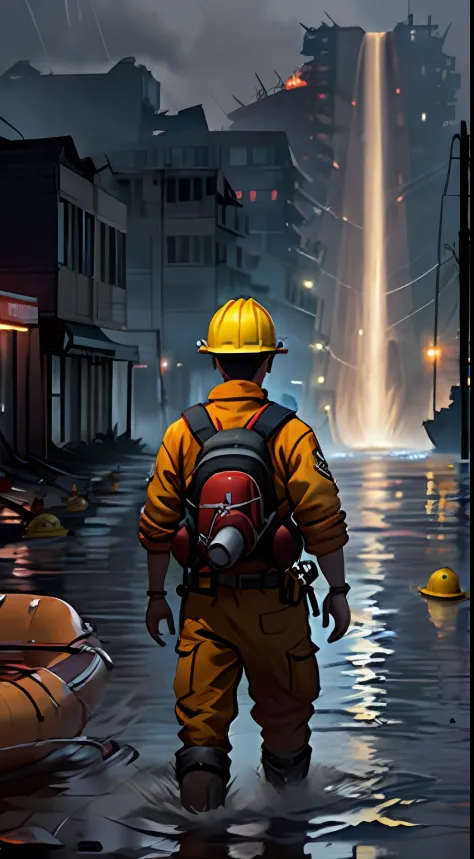 (Fearful:1.3) A firefighter,yellow hardhat，Red life jacket，life raft，dangers，resistors，downpours，salama，From behind, Run-down to...