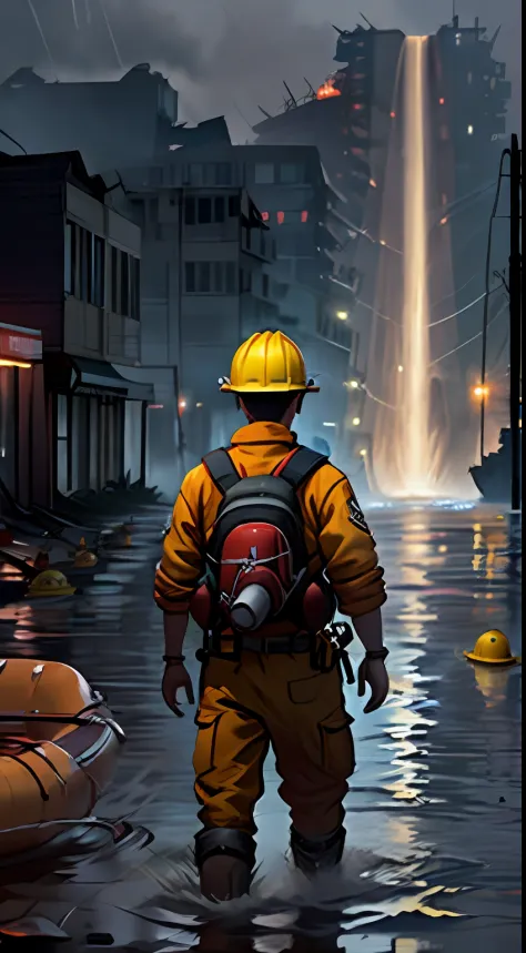 (fearful:1.3) a firefighter,yellow hardhat，red life jacket，life raft，dangers，resistors，downpours，salama，from behind, run-down to...