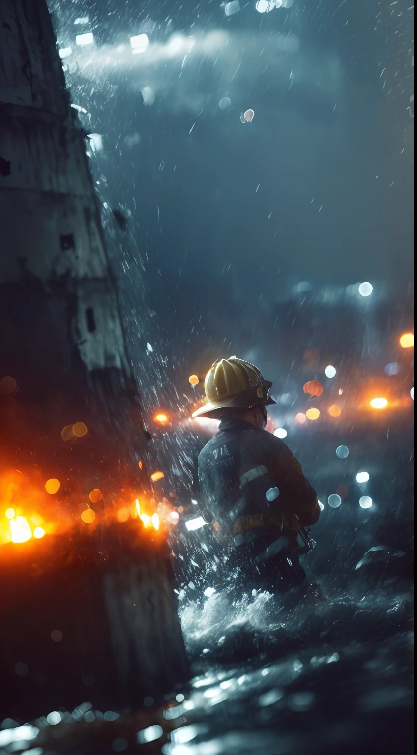 (Fearful:1.3) A firefighter, hardhat，life raft，From behind, In the ruins,floods，downpours，save，save， Bokeh, Light particles, monochrome, Highly detailed painting,(dark hues:1.3),(Close portrait:1.3),thematic background