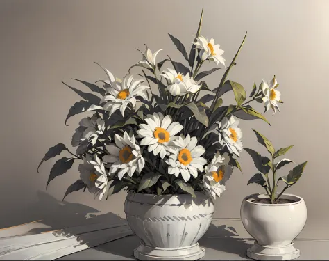 【Highest Quality, masutepiece】 (Gray white background:1.7), potted flowers