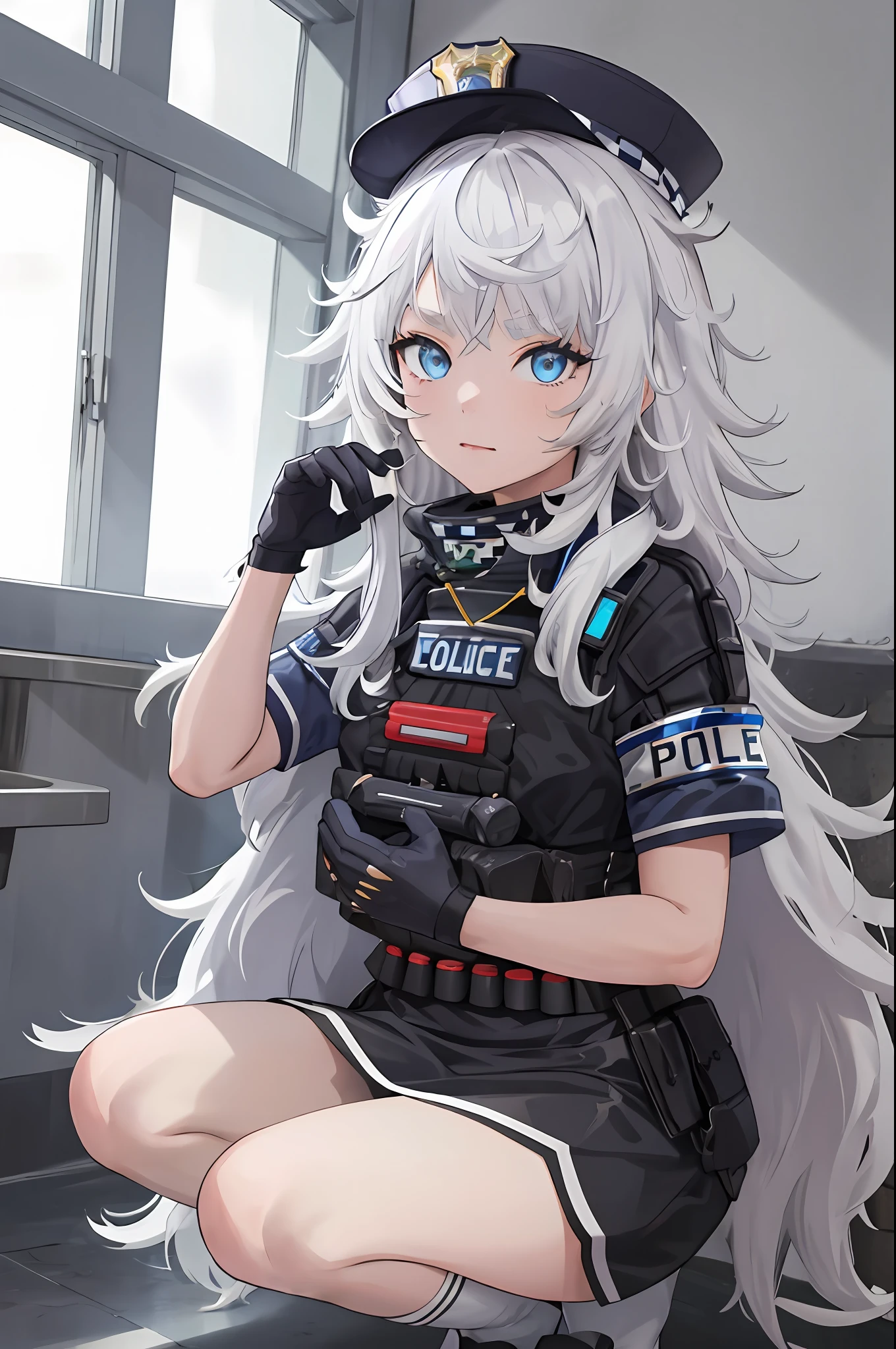 obra maestra, mejor calidad, alta resolución, 1 chica, solo, pelo largo, tiene, blue eyes, pelo blanco, Pelo despeinado, guantes negros, calcetines blancos, uniforme de policia, Falda negra, mangas cortas, tiro de vaquero, sosteniendo arma, rifie, allanamiento,