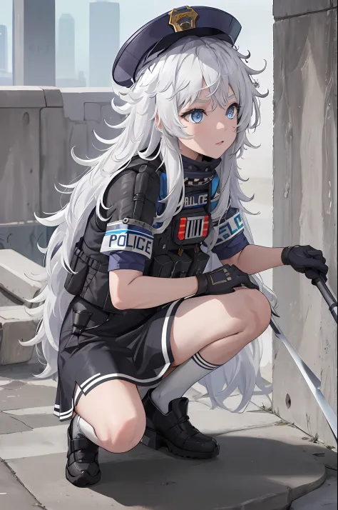 masterpiece, best quality, highres, 1girl, solo, long hair, hat, blue eyes, white hair, messy hair, black gloves, white socks, p...