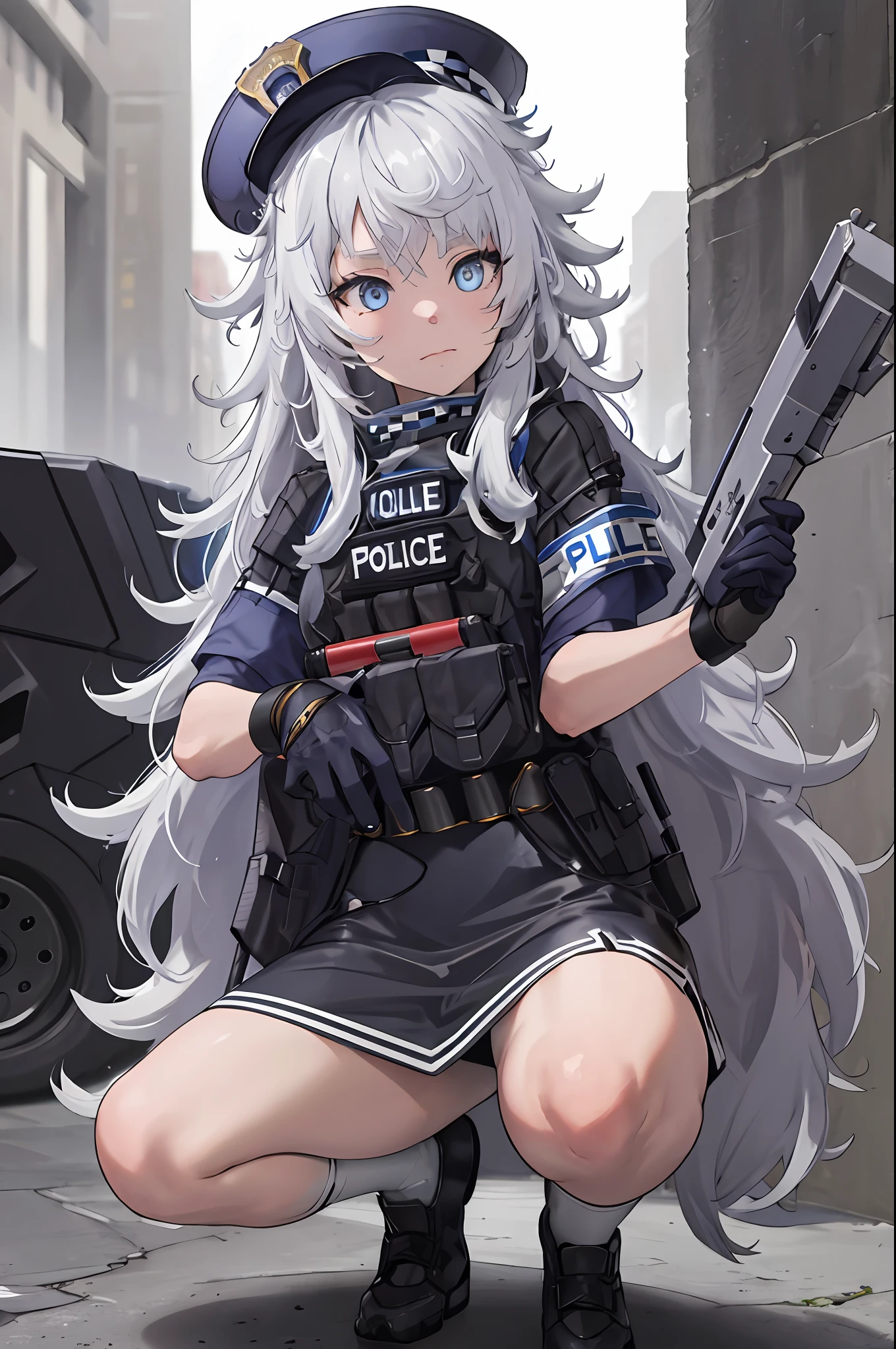 chef-d&#39;œuvre, Meilleure qualité, haute résolution, 1fille, seulement, cheveux longs, a, yeux bleus, cheveux blancs, Les cheveux en désordre, gants noirs, chaussettes blanches, uniforme de police, jupe noire, manches courtes, tir de cow-boy, tenant une arme, rifier, squat,